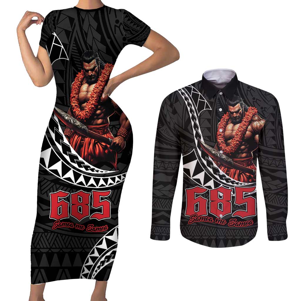 Samoan Pride Polynesian Tribal Warrior Couples Matching Short Sleeve Bodycon Dress and Long Sleeve Button Shirt 685 Samoa Mo Samoa LT9 Black - Polynesian Pride