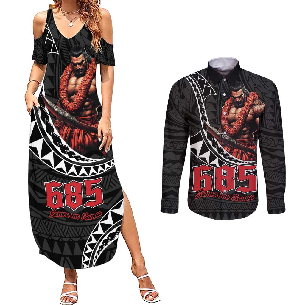 Samoan Pride Polynesian Tribal Warrior Couples Matching Summer Maxi Dress and Long Sleeve Button Shirt 685 Samoa Mo Samoa LT9 Black - Polynesian Pride
