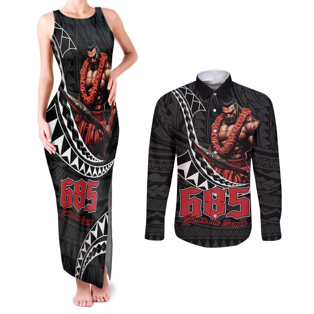 Samoan Pride Polynesian Tribal Warrior Couples Matching Tank Maxi Dress and Long Sleeve Button Shirt 685 Samoa Mo Samoa LT9 Black - Polynesian Pride