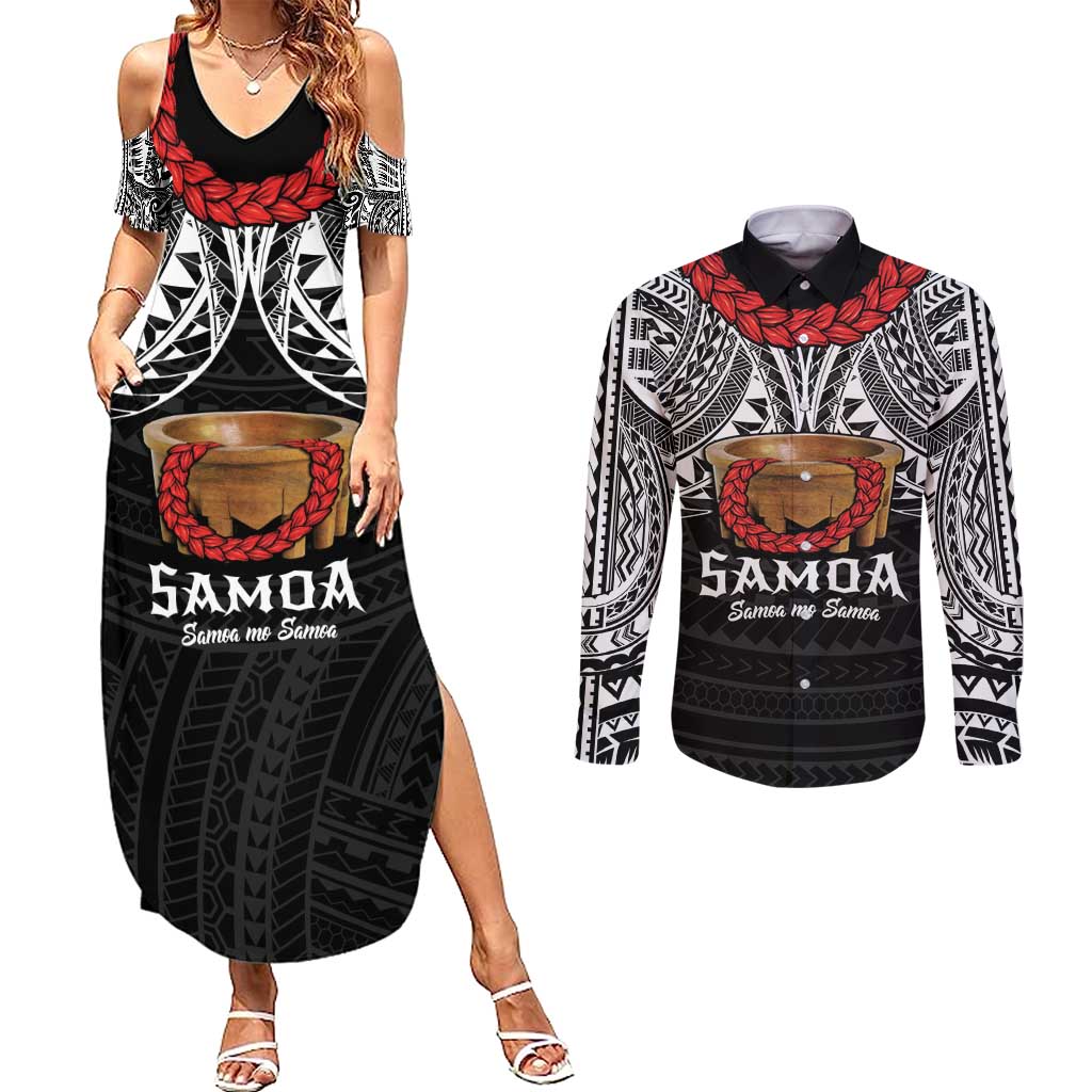 Samoan Tanoa Kava Bowl Ula Fala Couples Matching Summer Maxi Dress and Long Sleeve Button Shirt Polynesian Tribal Vibe LT9 Brown - Polynesian Pride