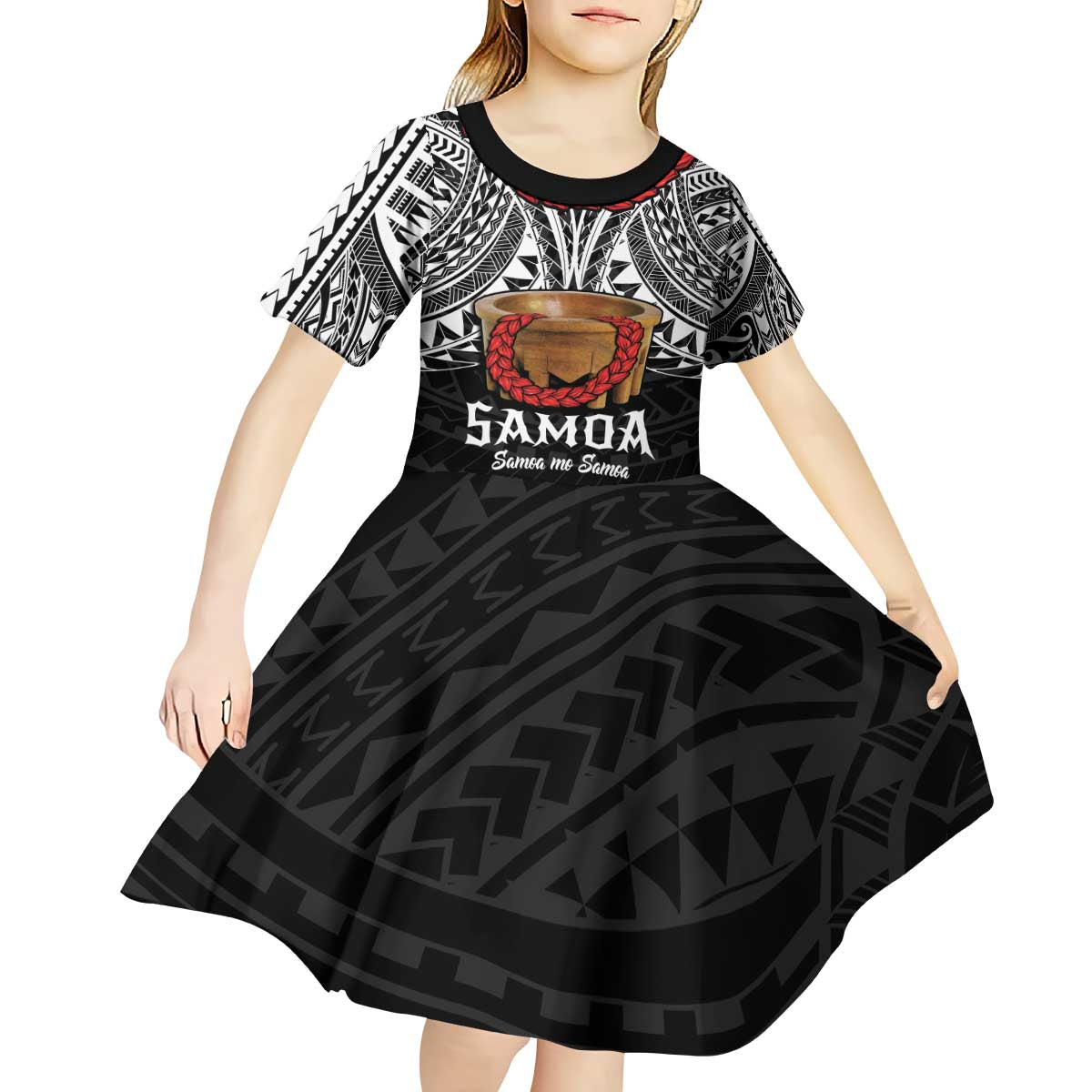 Samoan Tanoa Kava Bowl Ula Fala Kid Short Sleeve Dress Polynesian Tribal Vibe
