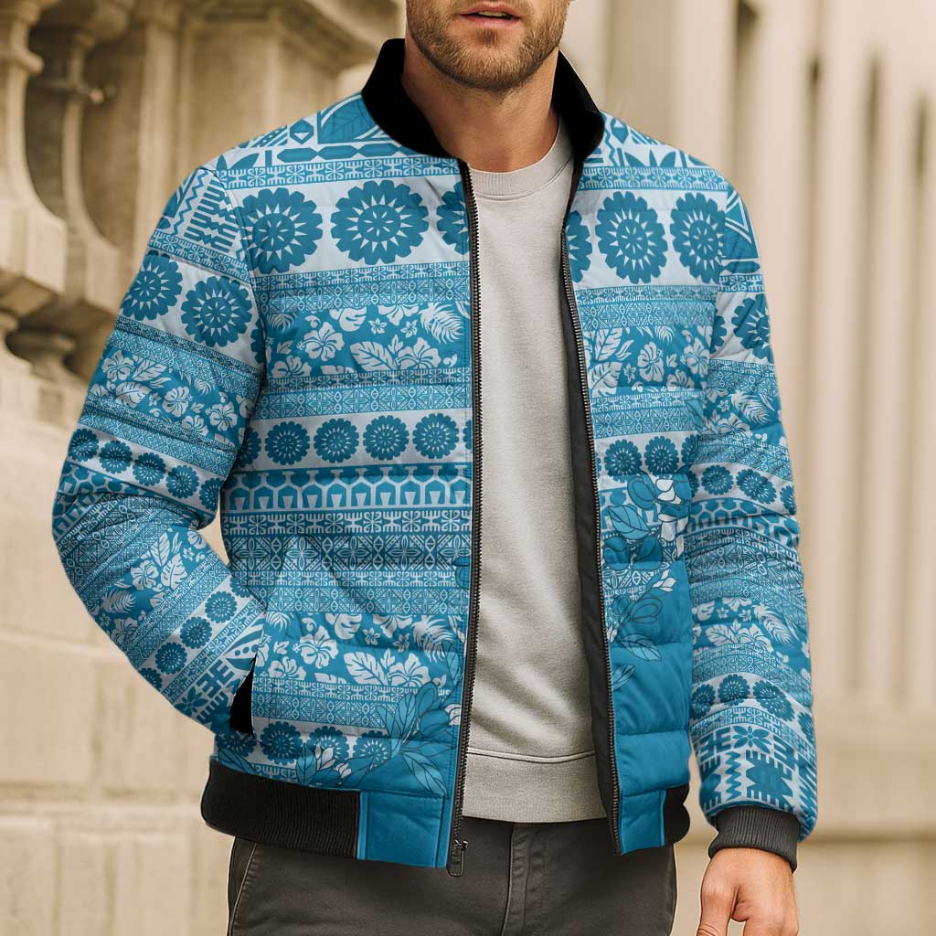 Fiji Marau na Kerisimasi Bomber Puffer Jacket Aqua Tagimoucia Tapa Masi Tribal - Polynesian Pride