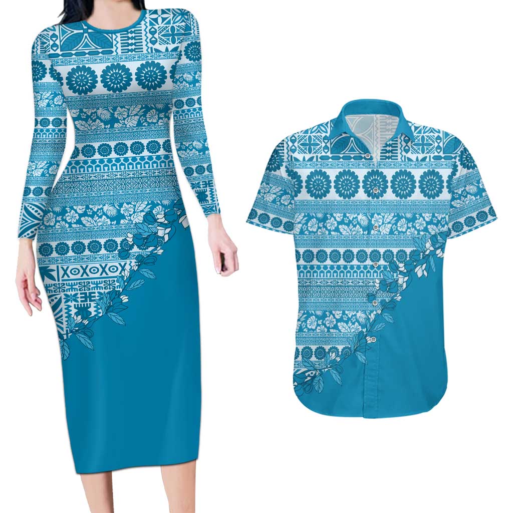 Fiji Marau na Kerisimasi Couples Matching Long Sleeve Bodycon Dress and Hawaiian Shirt Aqua Tagimoucia Tapa Masi Tribal LT9 Aqua - Polynesian Pride