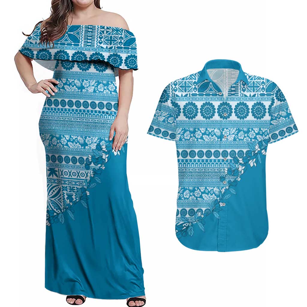Fiji Marau na Kerisimasi Couples Matching Off Shoulder Maxi Dress and Hawaiian Shirt Aqua Tagimoucia Tapa Masi Tribal LT9 Aqua - Polynesian Pride