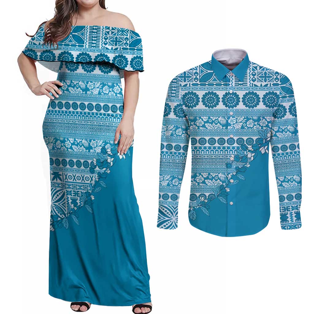 Fiji Marau na Kerisimasi Couples Matching Off Shoulder Maxi Dress and Long Sleeve Button Shirt Aqua Tagimoucia Tapa Masi Tribal - Polynesian Pride