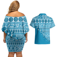 Fiji Marau na Kerisimasi Couples Matching Off Shoulder Short Dress and Hawaiian Shirt Aqua Tagimoucia Tapa Masi Tribal - Polynesian Pride