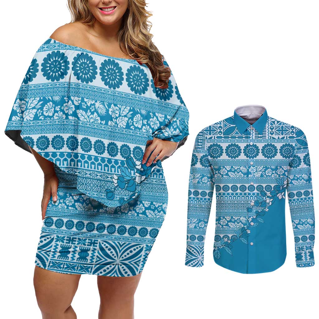 Fiji Marau na Kerisimasi Couples Matching Off Shoulder Short Dress and Long Sleeve Button Shirt Aqua Tagimoucia Tapa Masi Tribal LT9 Aqua - Polynesian Pride