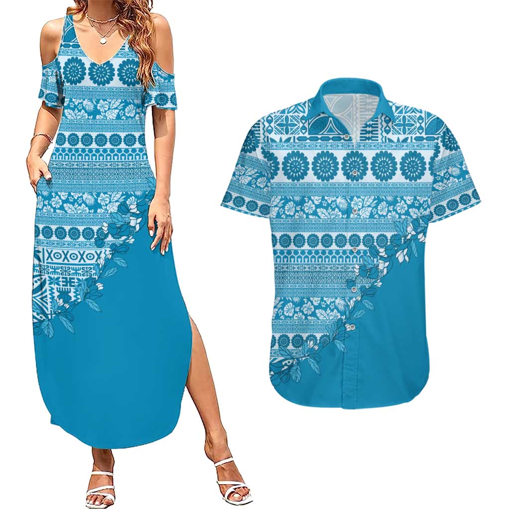 Fiji Marau na Kerisimasi Couples Matching Summer Maxi Dress and Hawaiian Shirt Aqua Tagimoucia Tapa Masi Tribal LT9 Aqua - Polynesian Pride