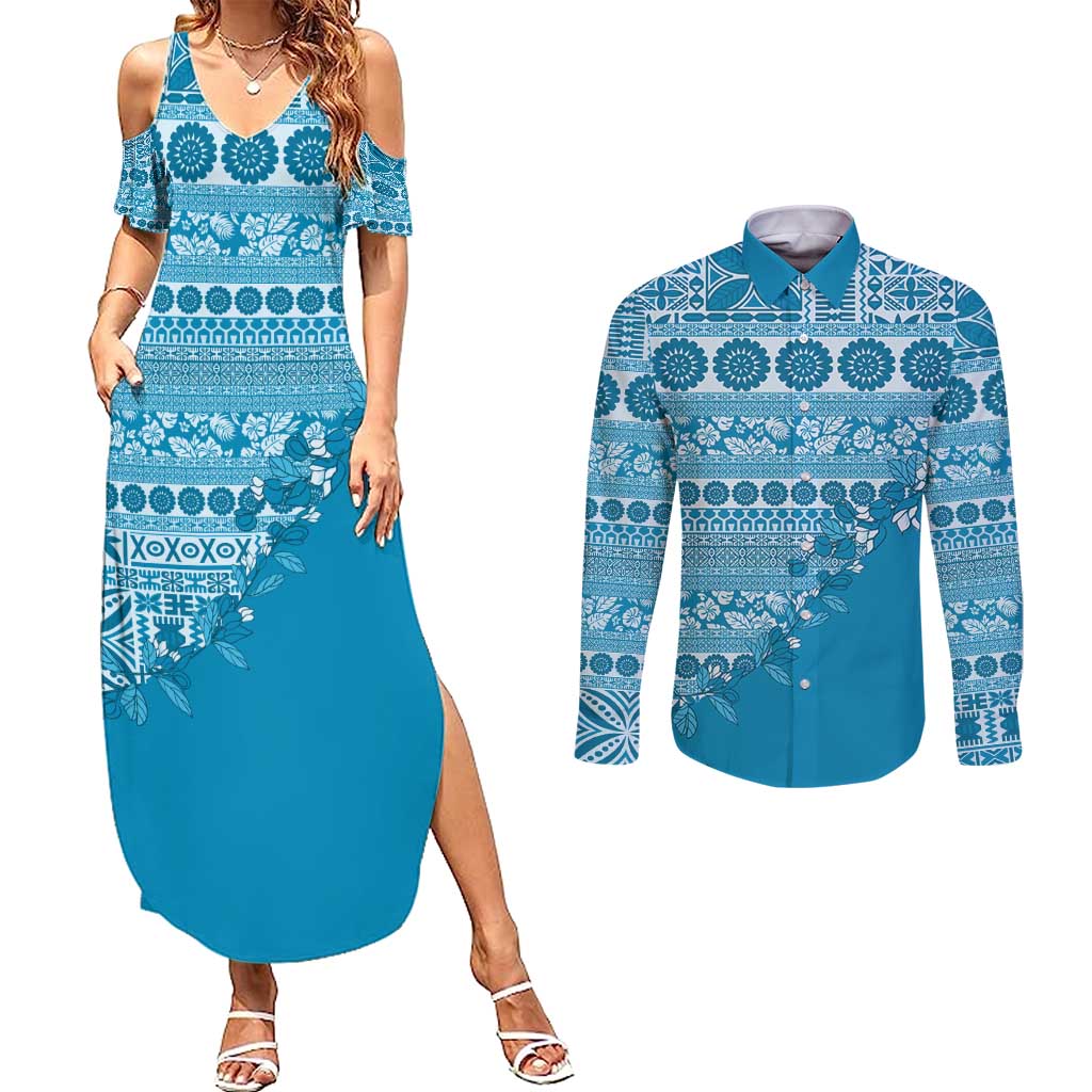 Fiji Marau na Kerisimasi Couples Matching Summer Maxi Dress and Long Sleeve Button Shirt Aqua Tagimoucia Tapa Masi Tribal - Polynesian Pride
