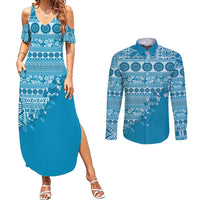 Fiji Marau na Kerisimasi Couples Matching Summer Maxi Dress and Long Sleeve Button Shirt Aqua Tagimoucia Tapa Masi Tribal - Polynesian Pride