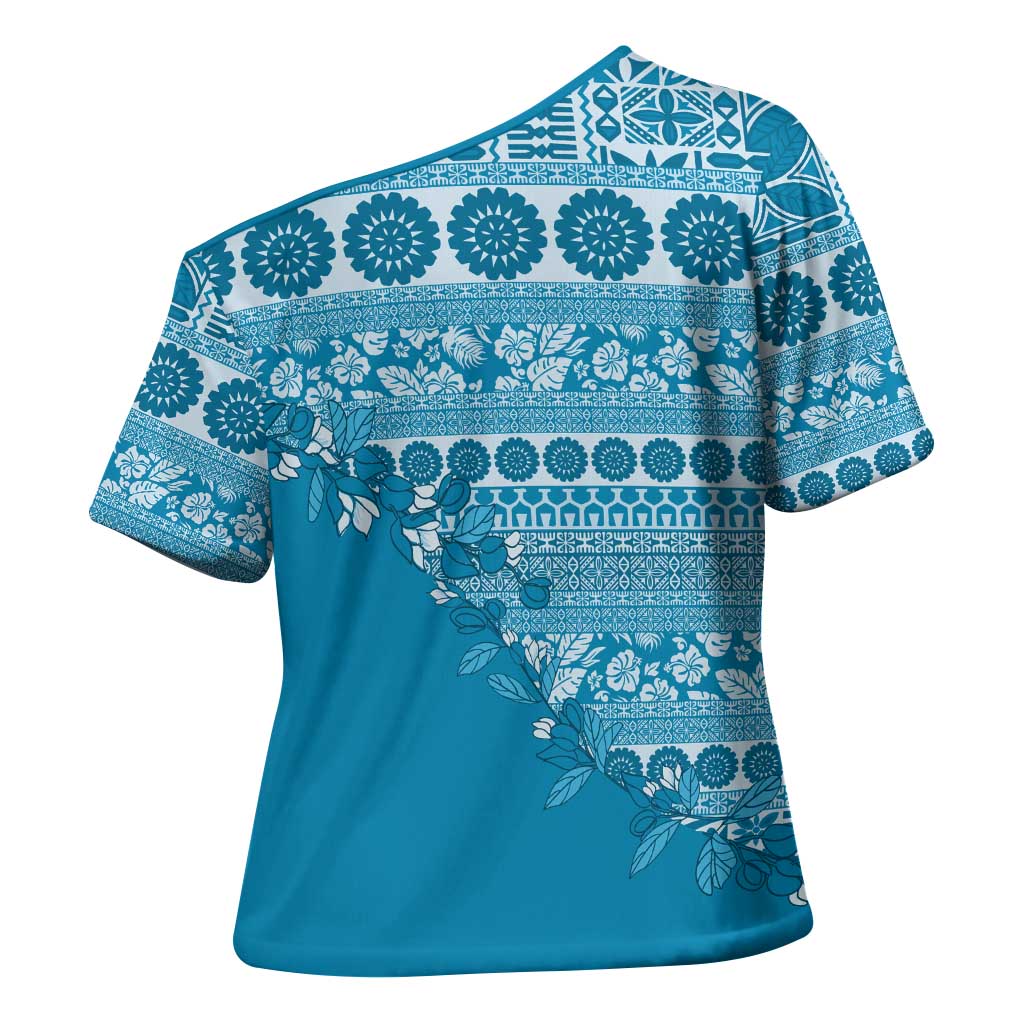 Fiji Marau na Kerisimasi Cross Shoulder Shirt Aqua Tagimoucia Tapa Masi Tribal - Polynesian Pride