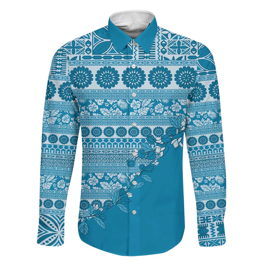 Fiji Marau na Kerisimasi Family Matching Mermaid Dress and Hawaiian Shirt Aqua Tagimoucia Tapa Masi Tribal LT9 Dad's Shirt - Long Sleeve Aqua - Polynesian Pride