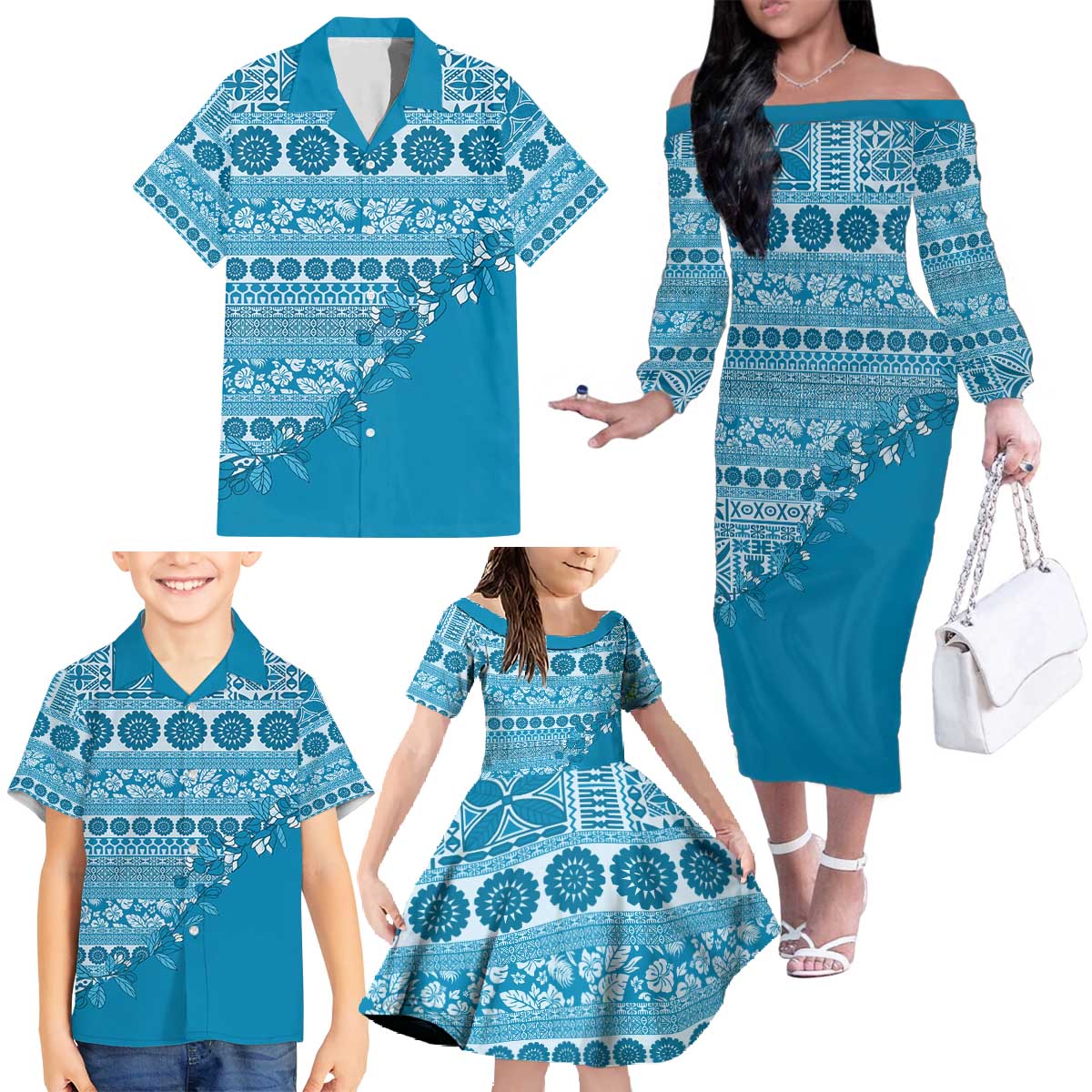 Fiji Marau na Kerisimasi Family Matching Off The Shoulder Long Sleeve Dress and Hawaiian Shirt Aqua Tagimoucia Tapa Masi Tribal - Polynesian Pride
