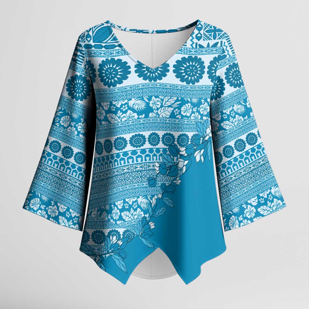 Fiji Marau na Kerisimasi Kimono Sleeve Blouse Aqua Tagimoucia Tapa Masi Tribal - Polynesian Pride