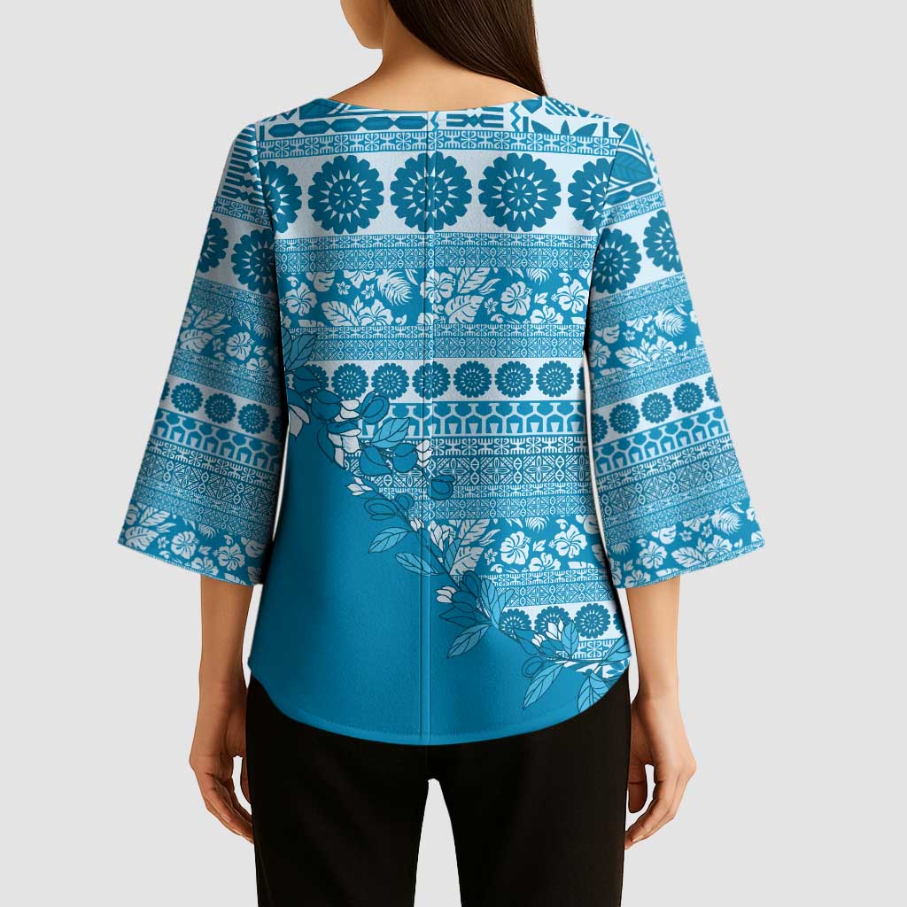 Fiji Marau na Kerisimasi Kimono Sleeve Blouse Aqua Tagimoucia Tapa Masi Tribal - Polynesian Pride