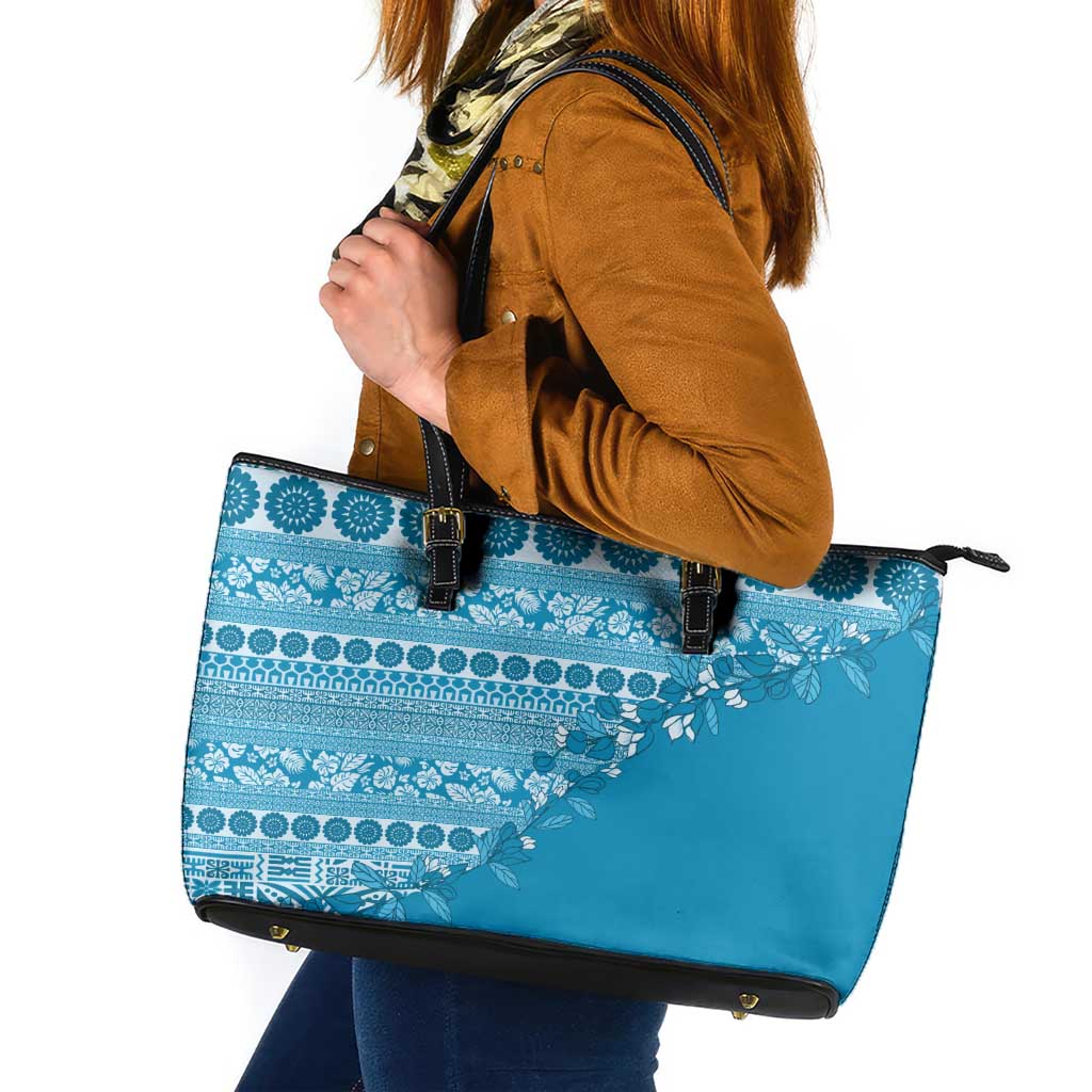 Fiji Marau na Kerisimasi Leather Tote Bag Aqua Tagimoucia Tapa Masi Tribal - Polynesian Pride
