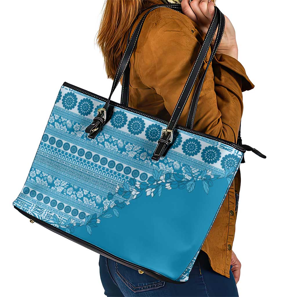 Fiji Marau na Kerisimasi Leather Tote Bag Aqua Tagimoucia Tapa Masi Tribal - Polynesian Pride