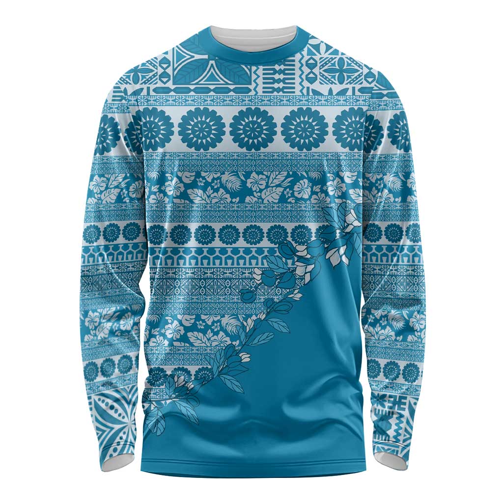 Fiji Marau na Kerisimasi Long Sleeve Shirt Aqua Tagimoucia Tapa Masi Tribal - Polynesian Pride