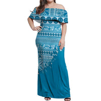 Fiji Marau na Kerisimasi Off Shoulder Maxi Dress Aqua Tagimoucia Tapa Masi Tribal - Polynesian Pride