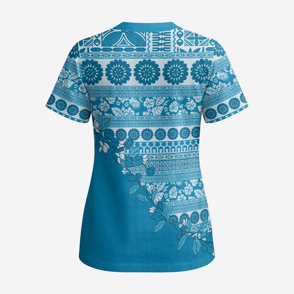 Fiji Marau na Kerisimasi Scrub Top Aqua Tagimoucia Tapa Masi Tribal - Polynesian Pride