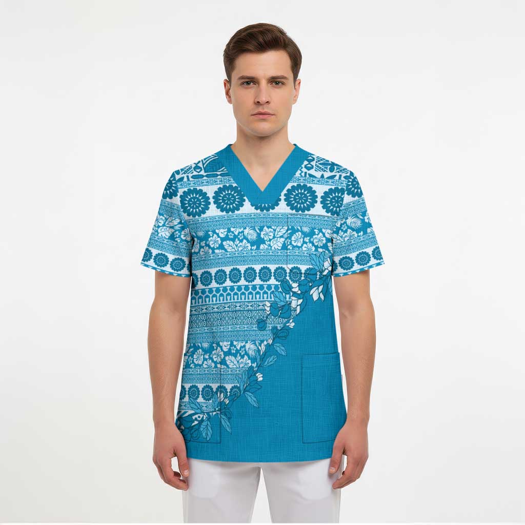Fiji Marau na Kerisimasi Scrub Top Aqua Tagimoucia Tapa Masi Tribal - Polynesian Pride