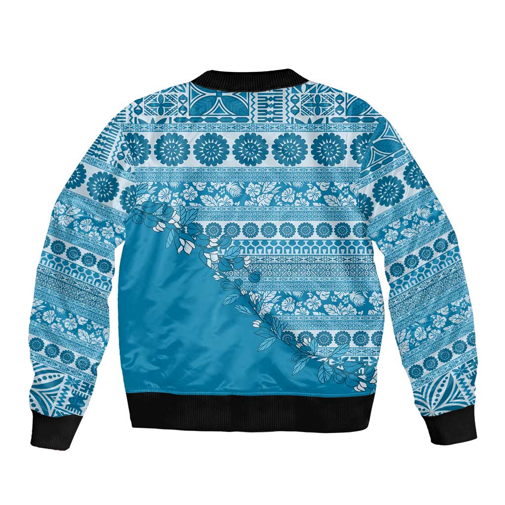 Fiji Marau na Kerisimasi Sleeve Zip Bomber Jacket Aqua Tagimoucia Tapa Masi Tribal - Polynesian Pride