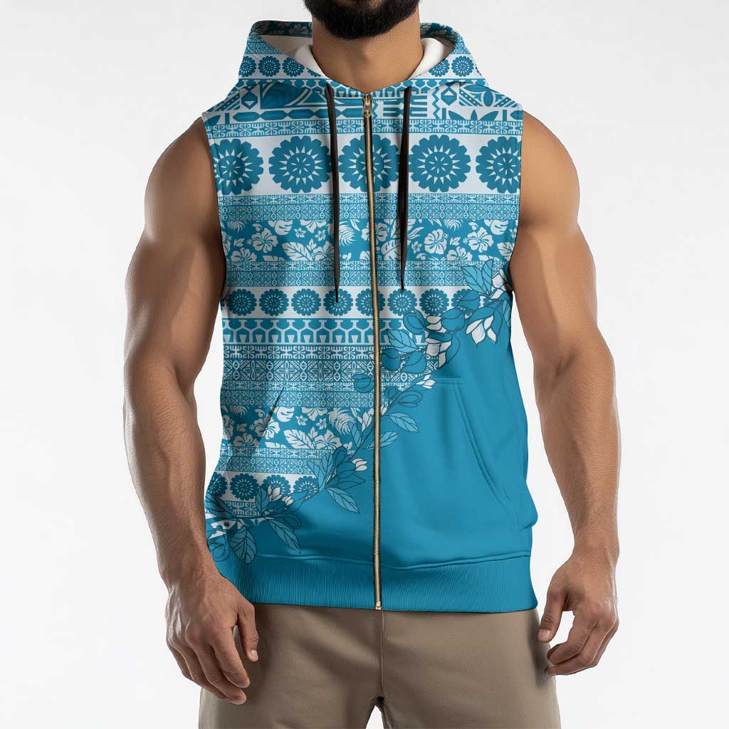 Fiji Marau na Kerisimasi Sleeveless Zip Hoodie Aqua Tagimoucia Tapa Masi Tribal - Polynesian Pride