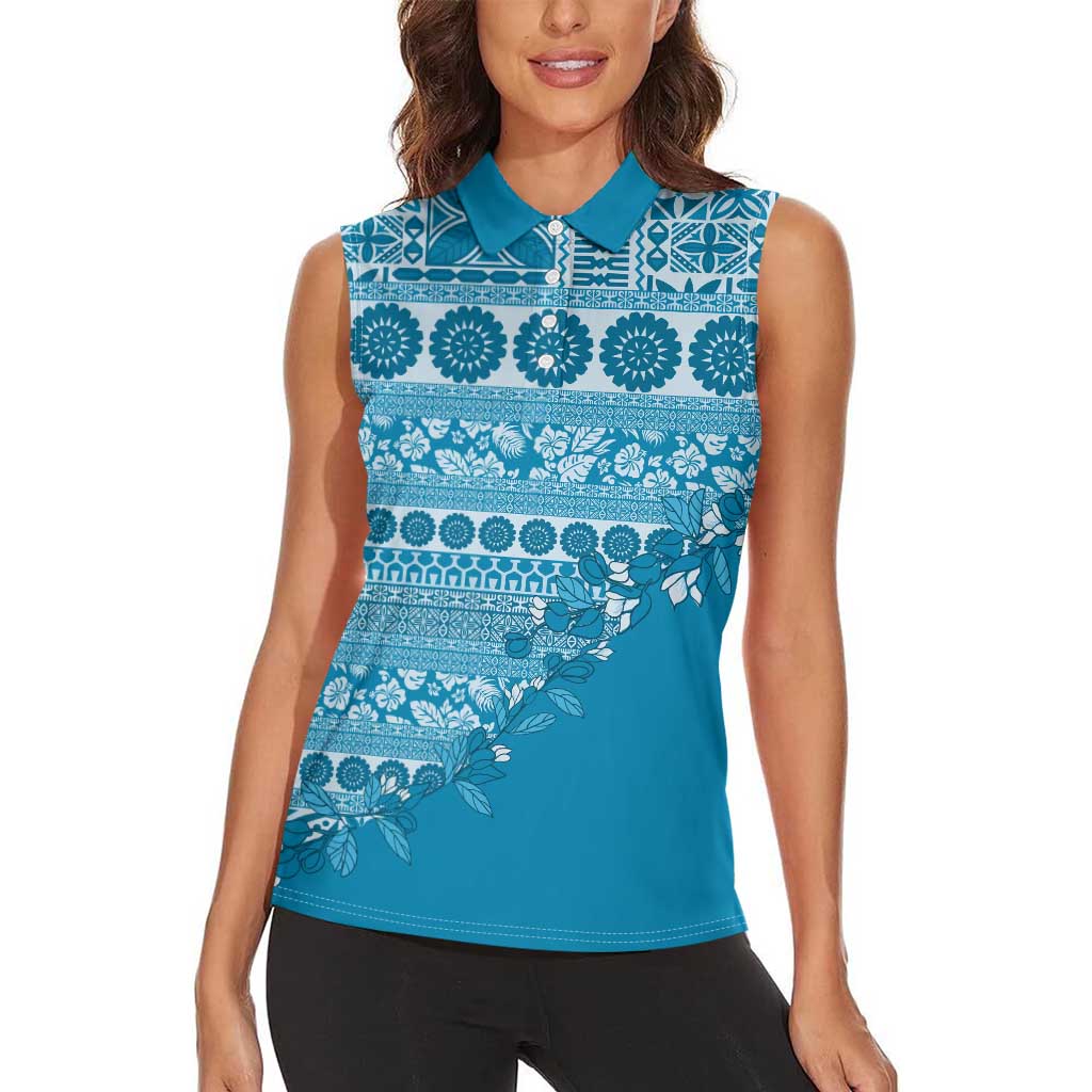 Fiji Marau na Kerisimasi Women Sleeveless Polo Shirt Aqua Tagimoucia Tapa Masi Tribal - Polynesian Pride