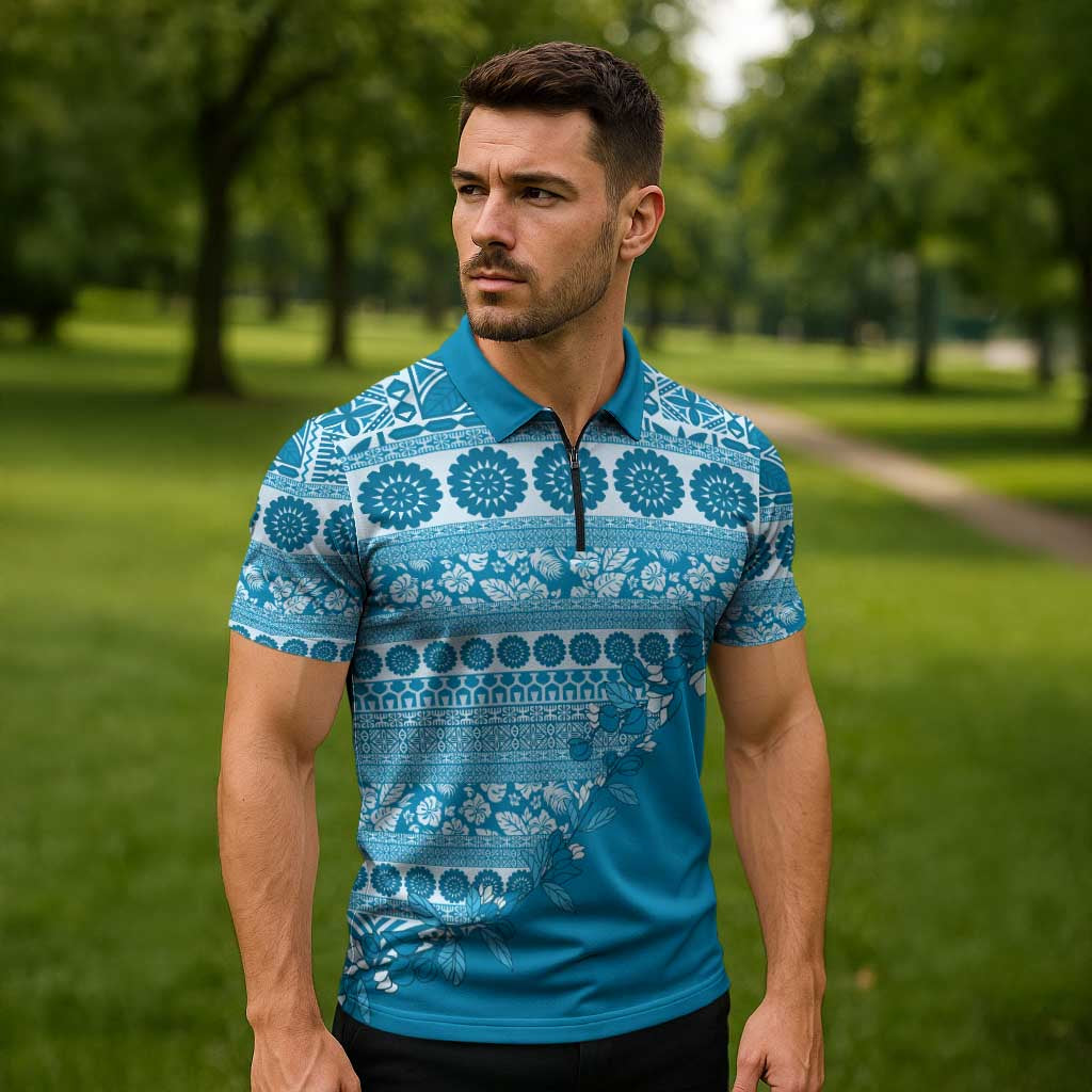 Fiji Marau na Kerisimasi Zipper Polo Shirt Aqua Tagimoucia Tapa Masi Tribal - Polynesian Pride