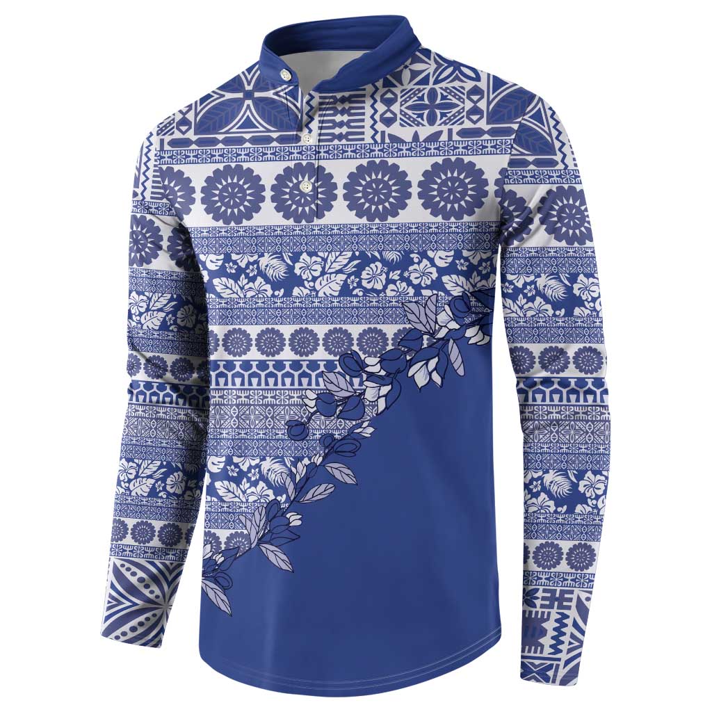 Fiji Marau na Kerisimasi Button Sweatshirt Blue Tagimoucia Tapa Masi Tribal - Polynesian Pride