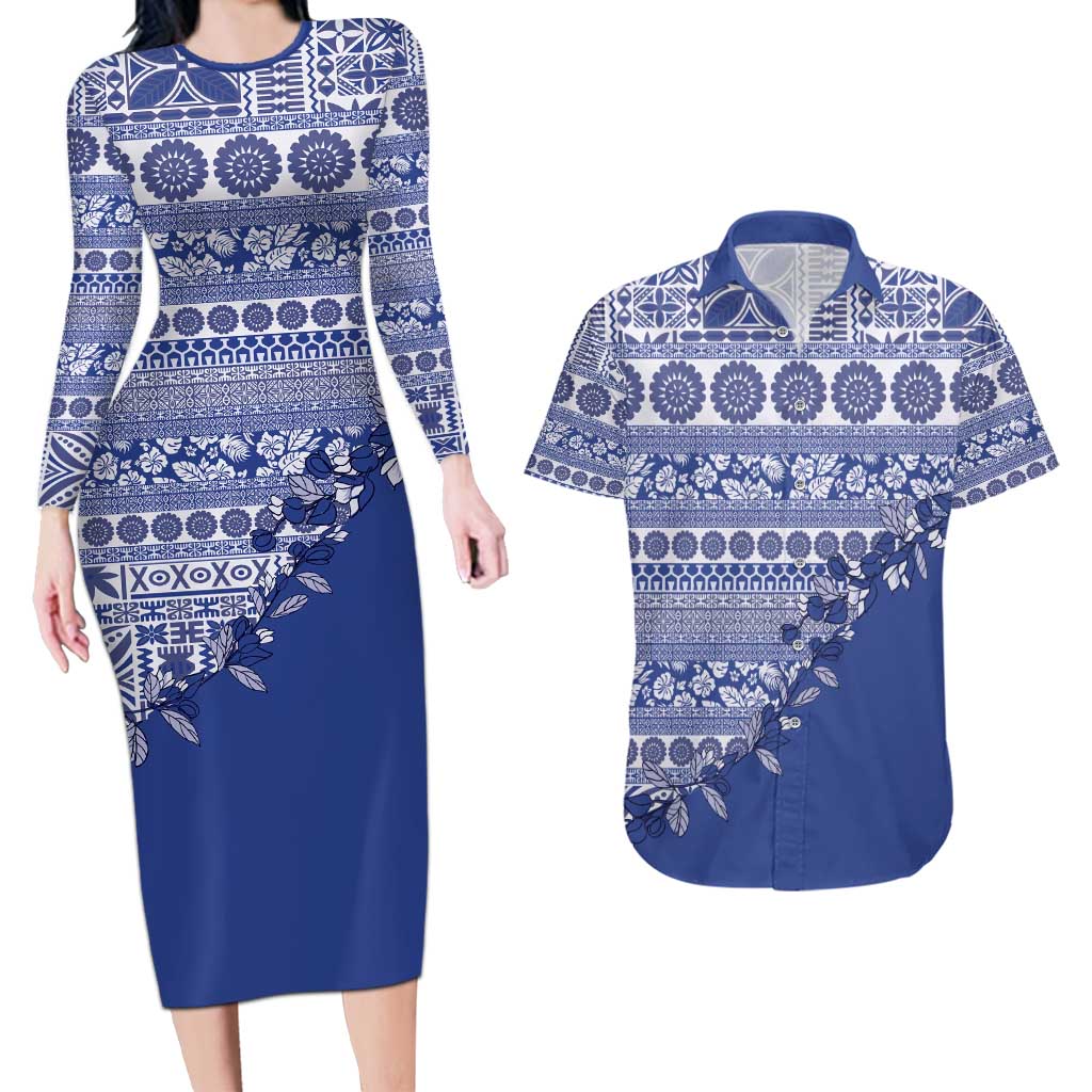 Fiji Marau na Kerisimasi Couples Matching Long Sleeve Bodycon Dress and Hawaiian Shirt Blue Tagimoucia Tapa Masi Tribal - Polynesian Pride