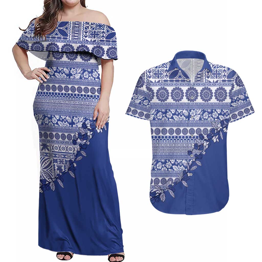 Fiji Marau na Kerisimasi Couples Matching Off Shoulder Maxi Dress and Hawaiian Shirt Blue Tagimoucia Tapa Masi Tribal - Polynesian Pride