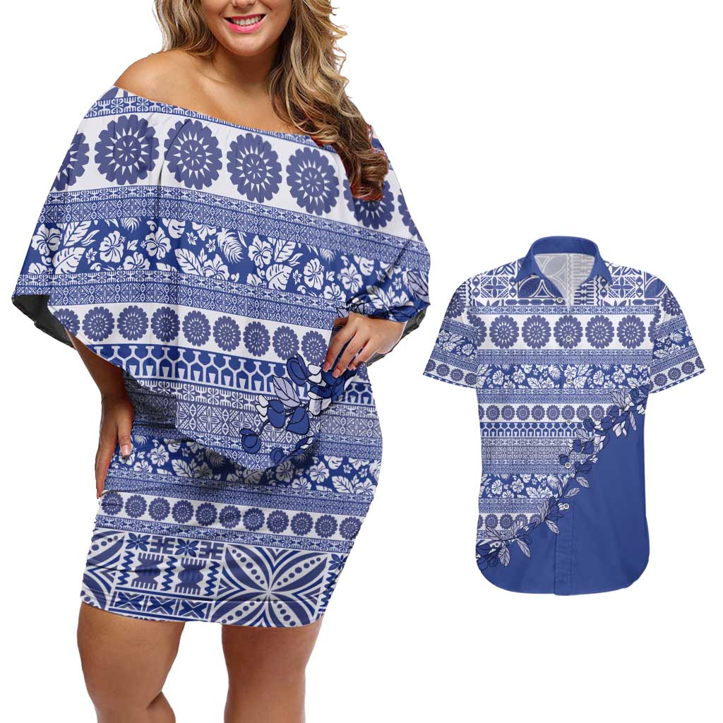 Fiji Marau na Kerisimasi Couples Matching Off Shoulder Short Dress and Hawaiian Shirt Blue Tagimoucia Tapa Masi Tribal LT9 Blue - Polynesian Pride