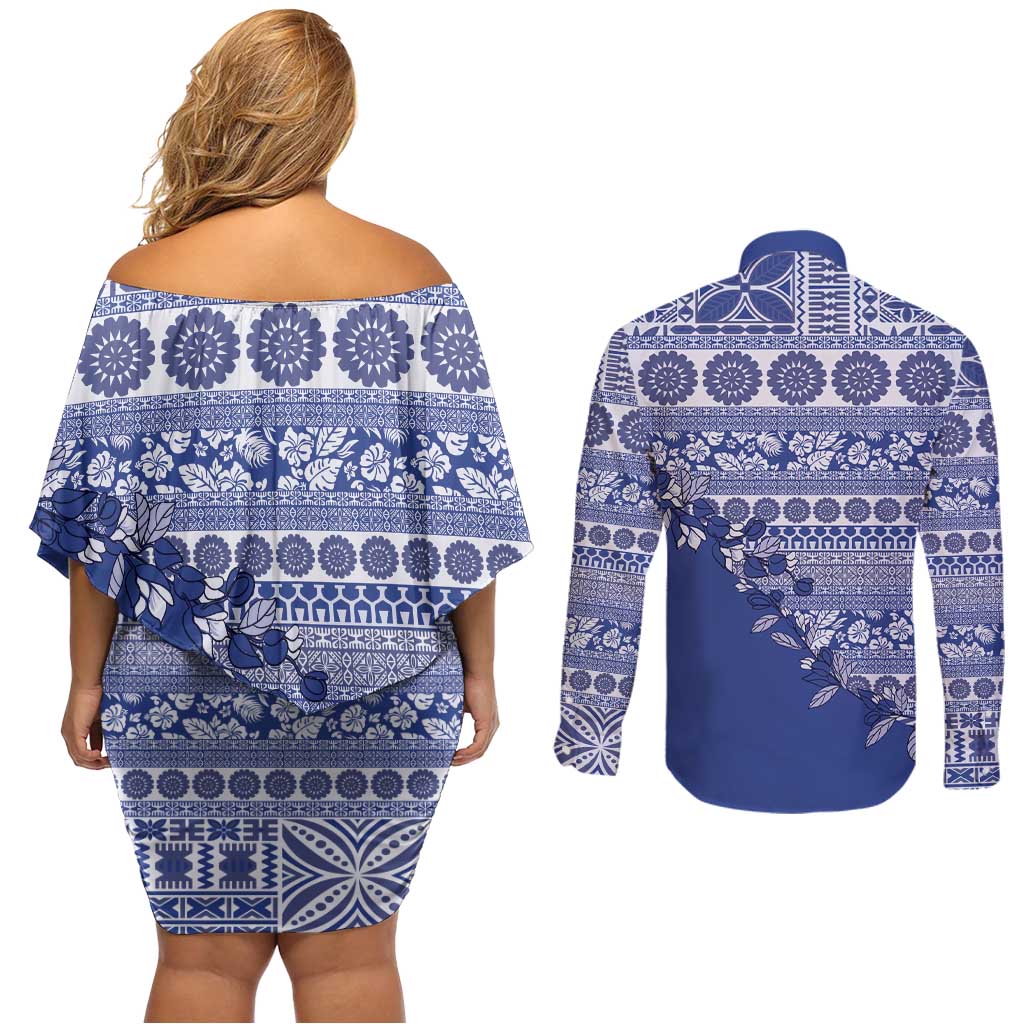 Fiji Marau na Kerisimasi Couples Matching Off Shoulder Short Dress and Long Sleeve Button Shirt Blue Tagimoucia Tapa Masi Tribal - Polynesian Pride