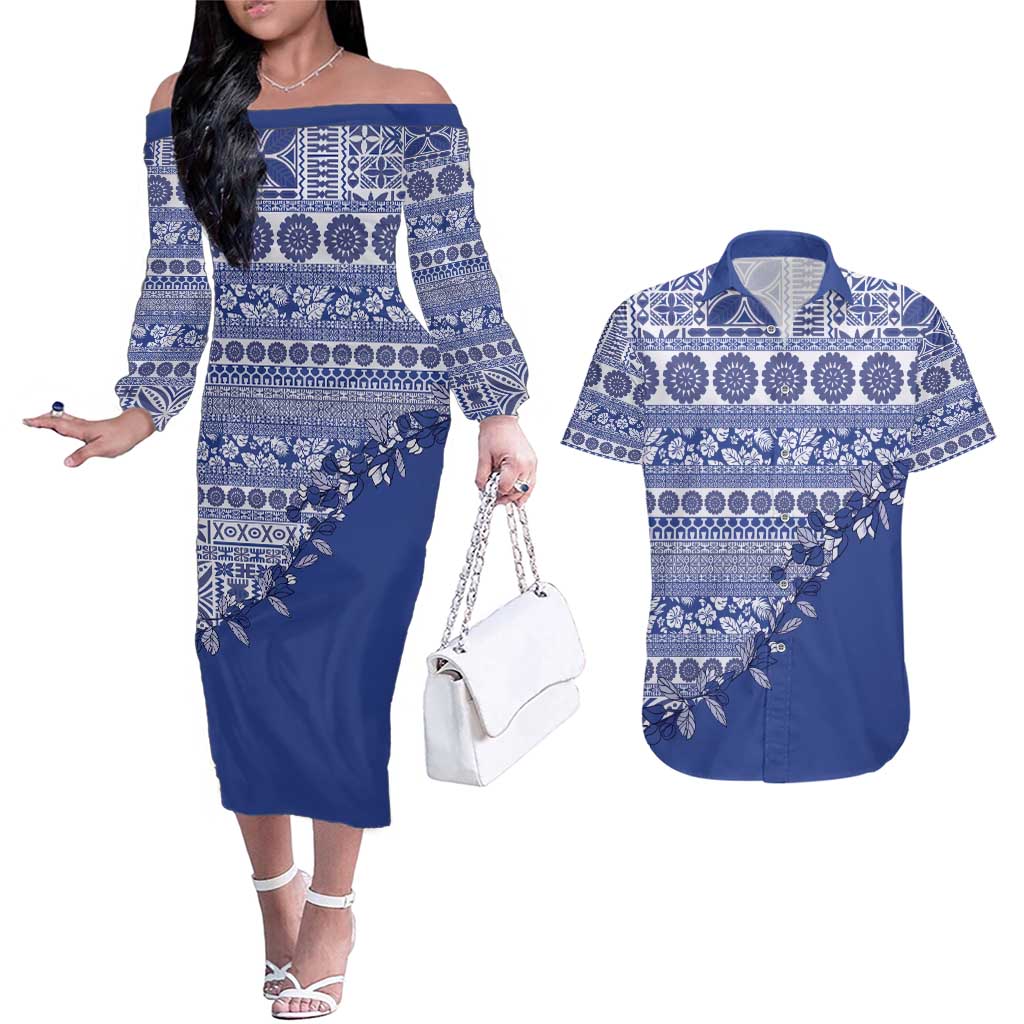Fiji Marau na Kerisimasi Couples Matching Off The Shoulder Long Sleeve Dress and Hawaiian Shirt Blue Tagimoucia Tapa Masi Tribal - Polynesian Pride