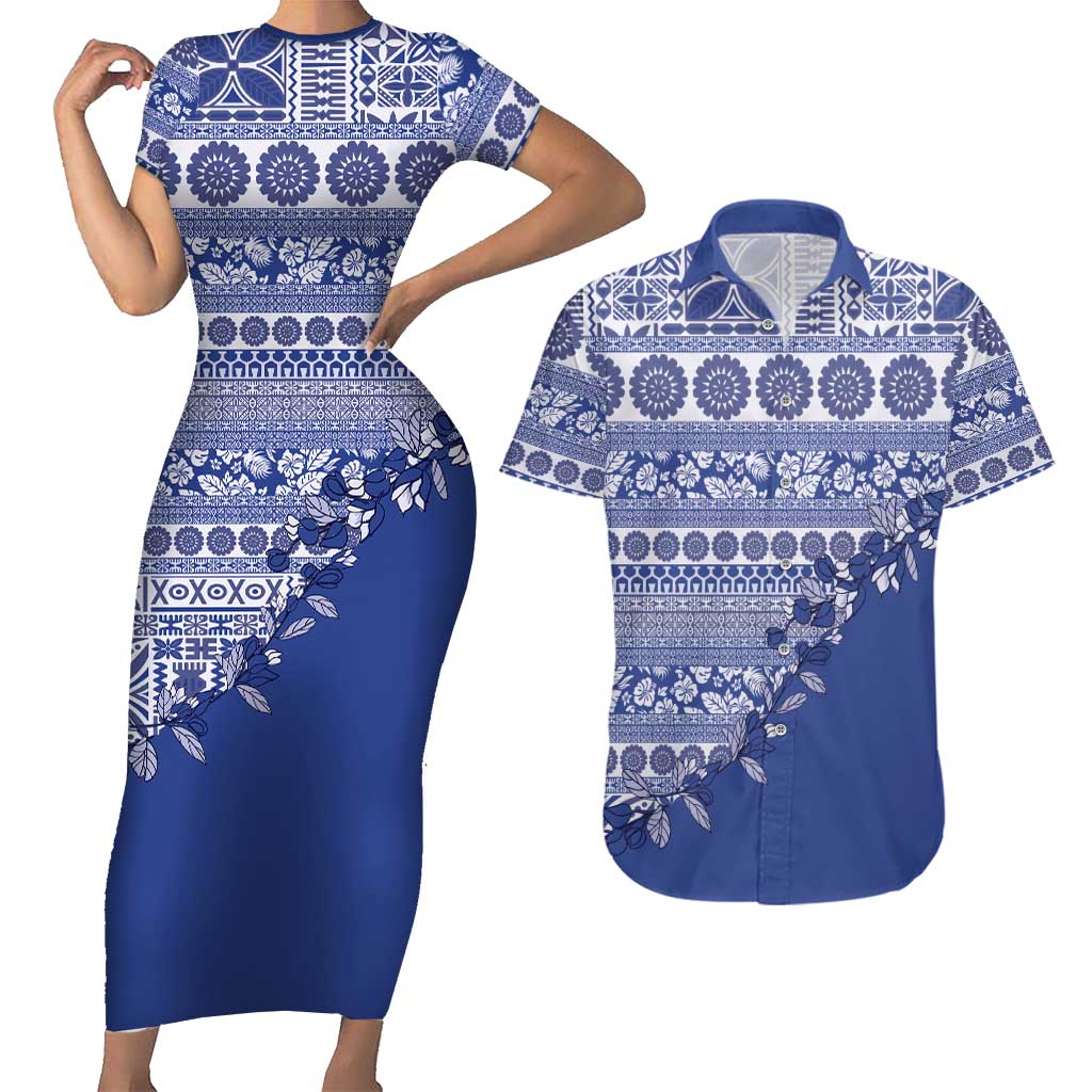 Fiji Marau na Kerisimasi Couples Matching Short Sleeve Bodycon Dress and Hawaiian Shirt Blue Tagimoucia Tapa Masi Tribal LT9 Blue - Polynesian Pride
