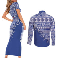 Fiji Marau na Kerisimasi Couples Matching Short Sleeve Bodycon Dress and Long Sleeve Button Shirt Blue Tagimoucia Tapa Masi Tribal - Polynesian Pride