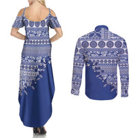 Fiji Marau na Kerisimasi Couples Matching Summer Maxi Dress and Long Sleeve Button Shirt Blue Tagimoucia Tapa Masi Tribal - Polynesian Pride
