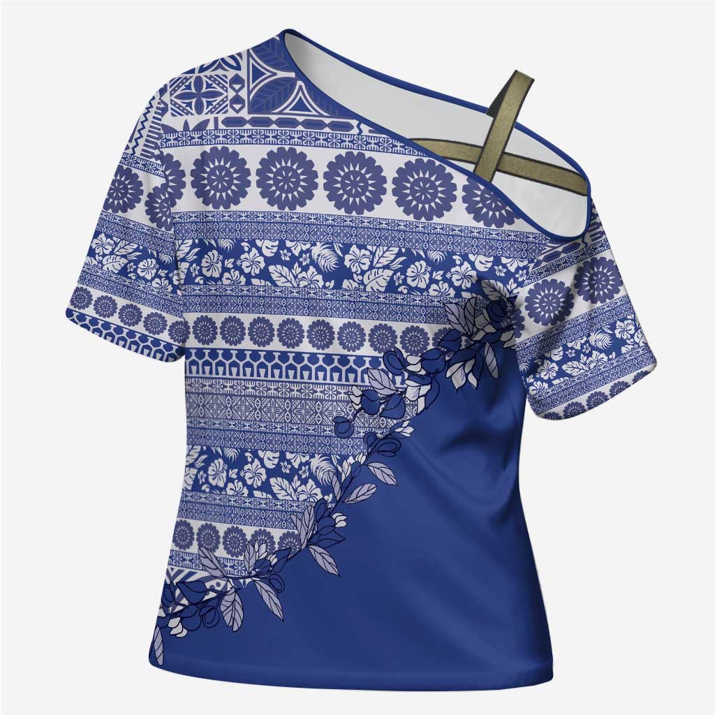 Fiji Marau na Kerisimasi Cross Shoulder Shirt Blue Tagimoucia Tapa Masi Tribal - Polynesian Pride