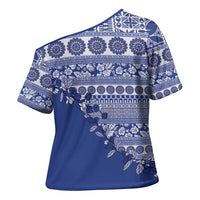 Fiji Marau na Kerisimasi Cross Shoulder Shirt Blue Tagimoucia Tapa Masi Tribal - Polynesian Pride
