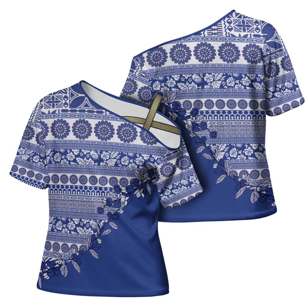 Fiji Marau na Kerisimasi Cross Shoulder Shirt Blue Tagimoucia Tapa Masi Tribal - Polynesian Pride
