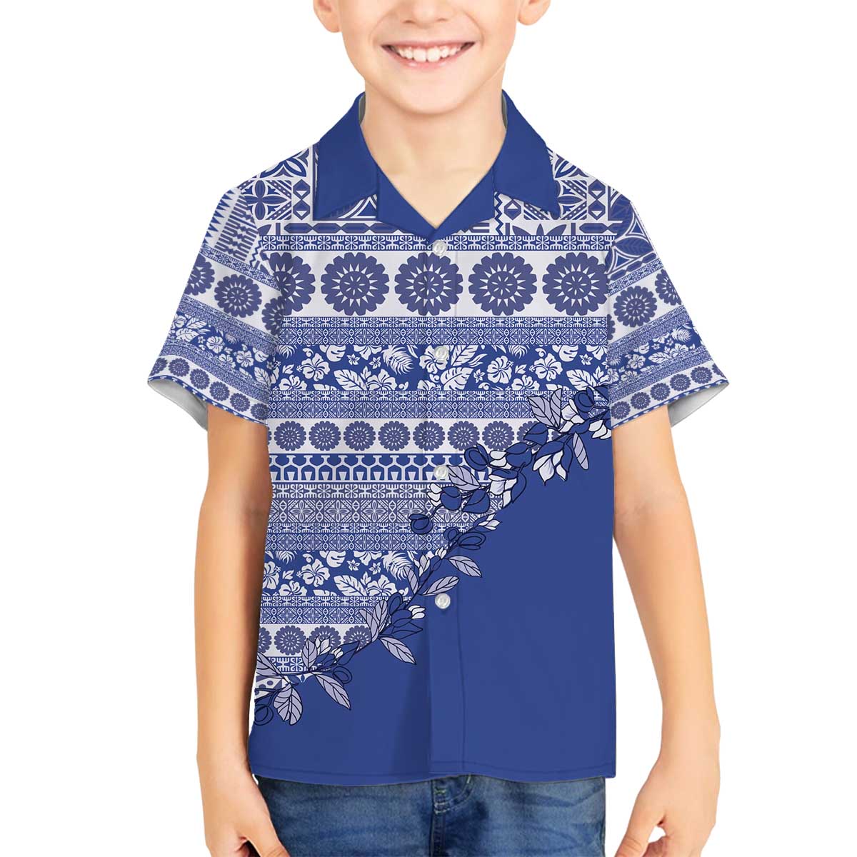 Fiji Marau na Kerisimasi Family Matching Off The Shoulder Long Sleeve Dress and Hawaiian Shirt Blue Tagimoucia Tapa Masi Tribal - Polynesian Pride