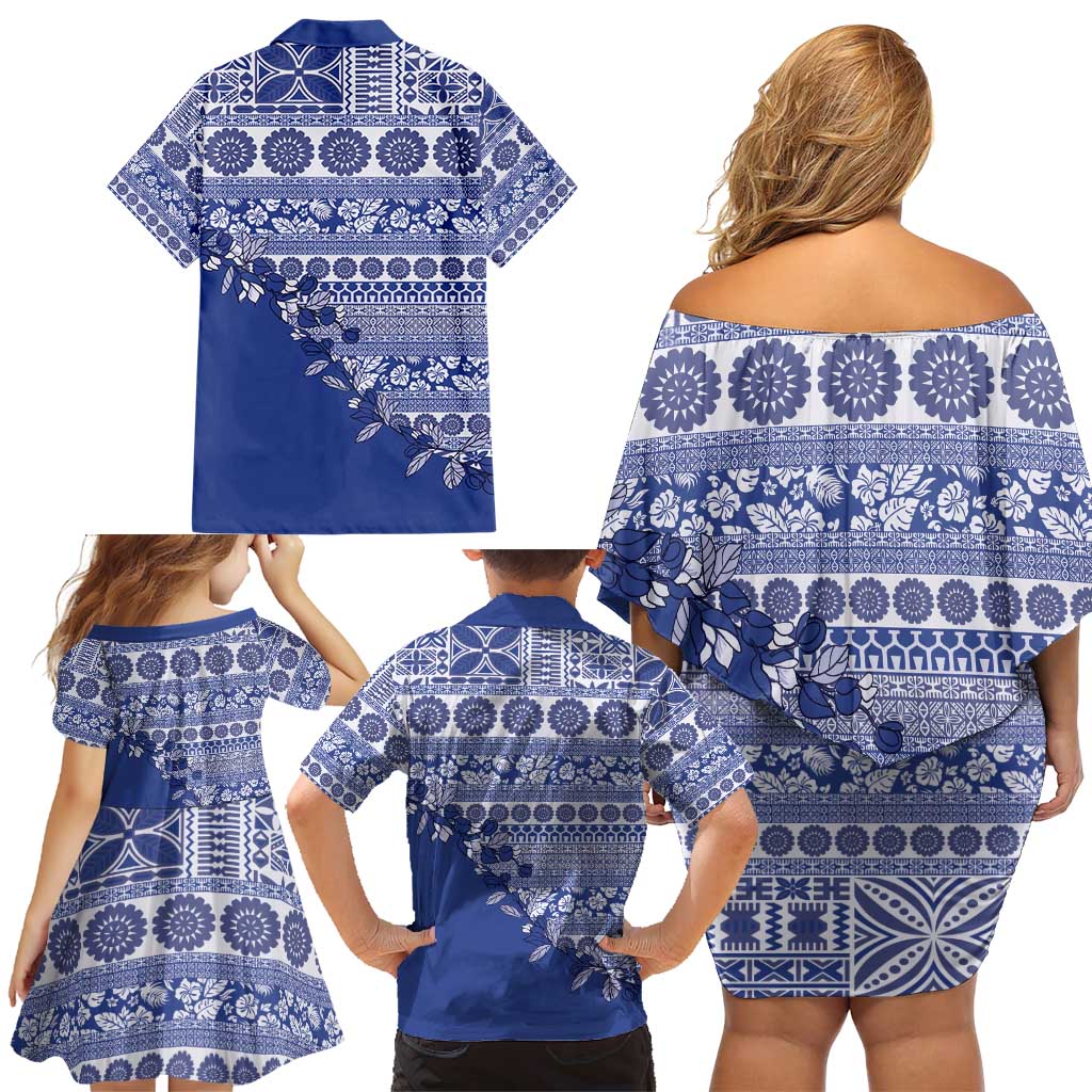 Fiji Marau na Kerisimasi Family Matching Off Shoulder Short Dress and Hawaiian Shirt Blue Tagimoucia Tapa Masi Tribal - Polynesian Pride