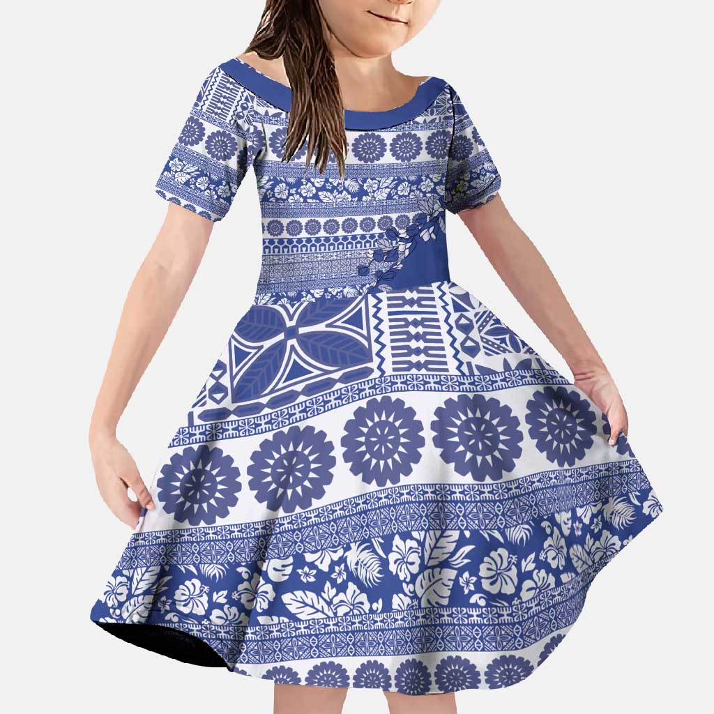 Fiji Marau na Kerisimasi Family Matching Short Sleeve Bodycon Dress and Hawaiian Shirt Blue Tagimoucia Tapa Masi Tribal - Polynesian Pride