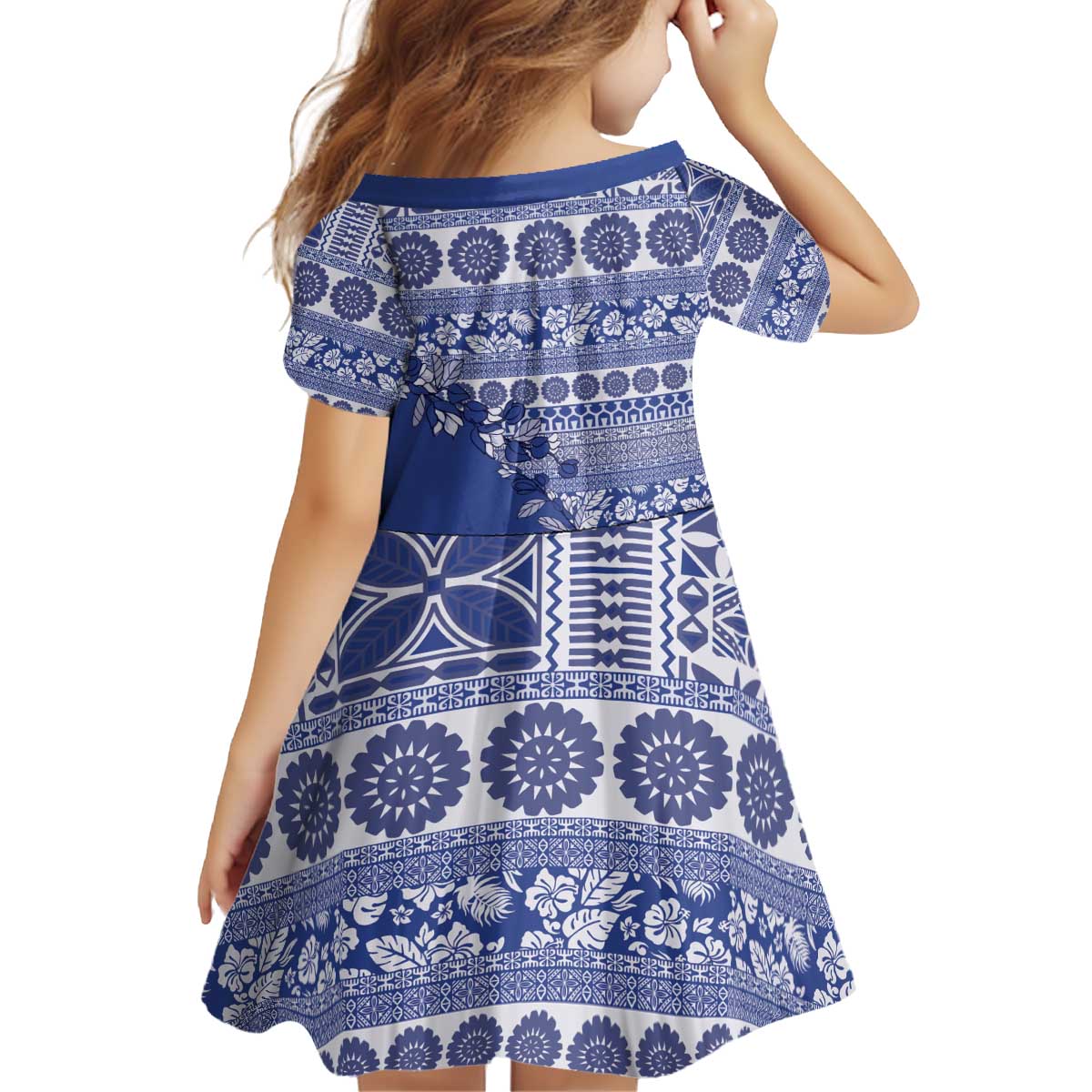 Fiji Marau na Kerisimasi Kid Short Sleeve Dress Blue Tagimoucia Tapa Masi Tribal - Polynesian Pride