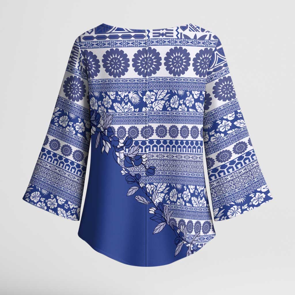 Fiji Marau na Kerisimasi Kimono Sleeve Blouse Blue Tagimoucia Tapa Masi Tribal - Polynesian Pride