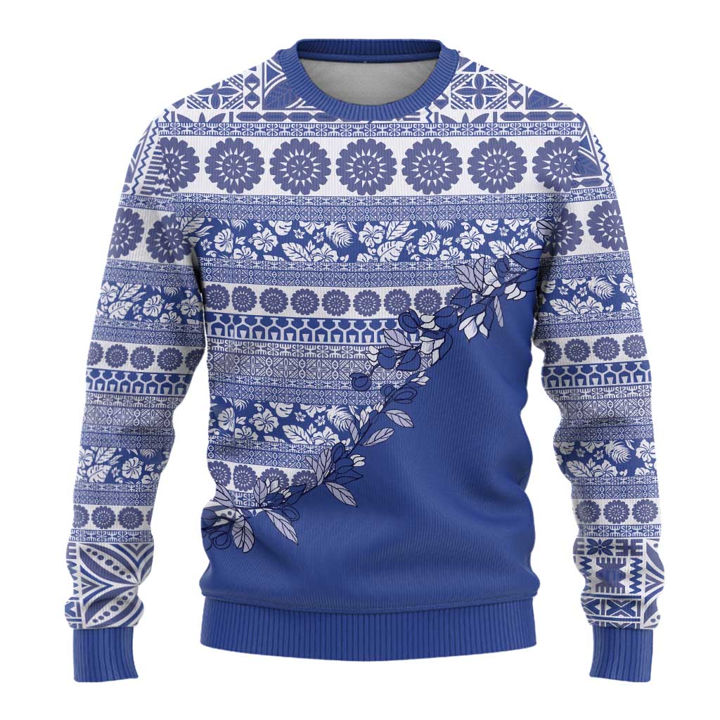 Fiji Marau na Kerisimasi Ugly Christmas Sweater Blue Tagimoucia Tapa Masi Tribal - Polynesian Pride