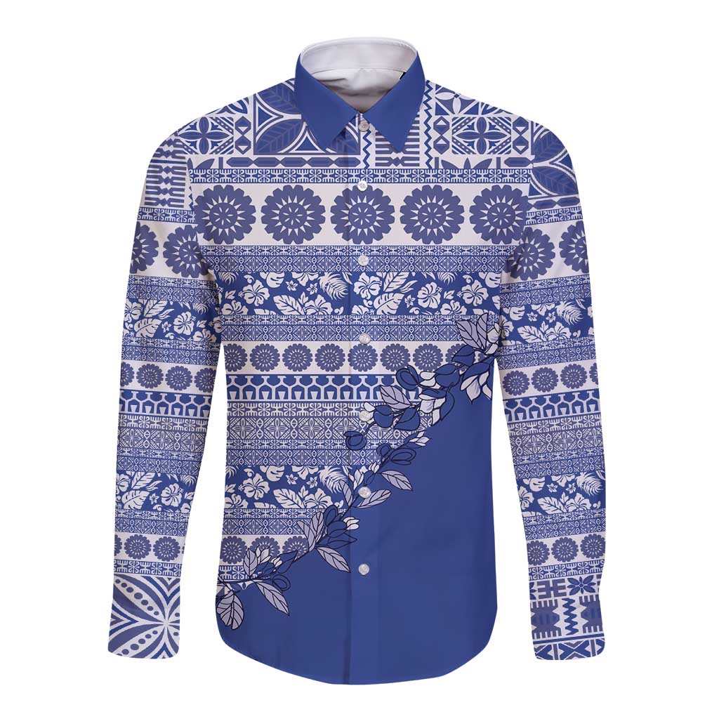 Fiji Marau na Kerisimasi Long Sleeve Button Shirt Blue Tagimoucia Tapa Masi Tribal LT9 Unisex Blue - Polynesian Pride