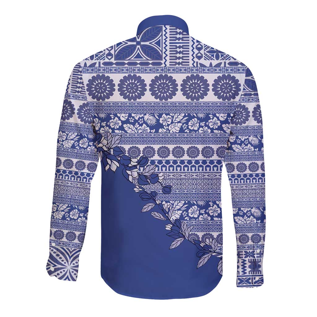 Fiji Marau na Kerisimasi Long Sleeve Button Shirt Blue Tagimoucia Tapa Masi Tribal - Polynesian Pride