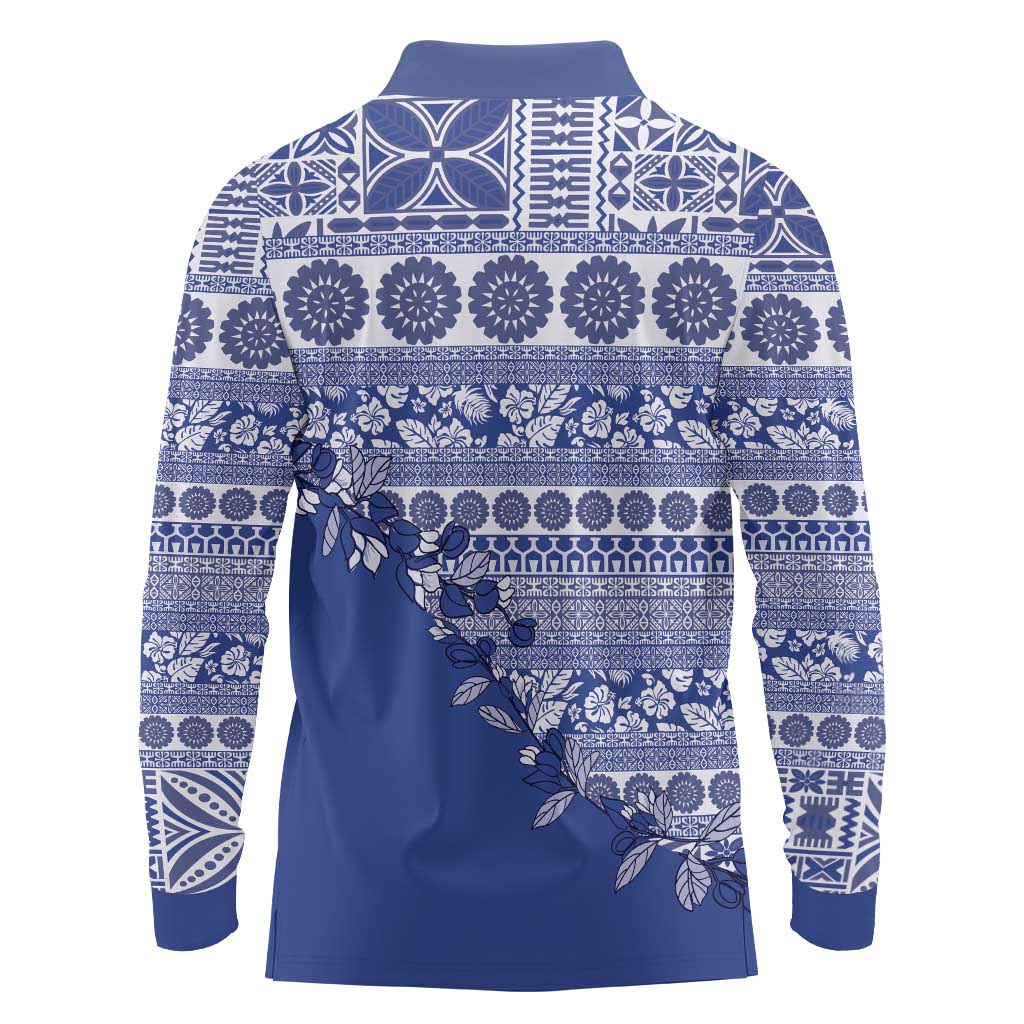 Fiji Marau na Kerisimasi Long Sleeve Polo Shirt Blue Tagimoucia Tapa Masi Tribal - Polynesian Pride
